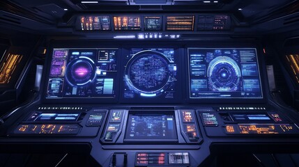 Fototapeta premium Futuristic Spacecraft Command Center Displaying Intricate Technology Panels And Data Streams