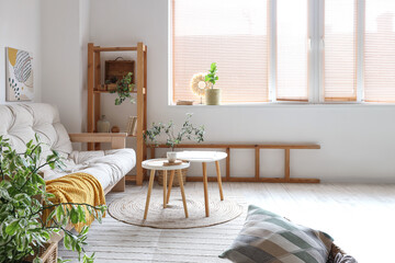 Interior of light living room with cozy white sofa, coffee table and houseplants