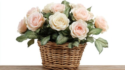 A charming artificial rose bouquet with soft cream and pale pink blooms, placed in a wicker basket.