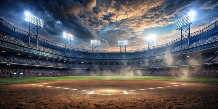Baseball field at dusk with eerie atmosphere, smoke and dust particles suspended in air under bright stadium lights, twilight sports scene, isolated ballpark