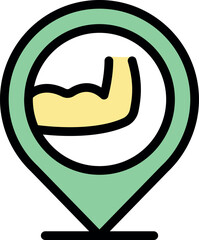 Location pin icon featuring flexing biceps, representing gym, fitness center, or personal training services
