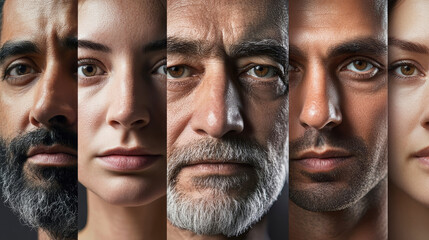 Cohesive collage of diverse faces celebrating age, ethnicity, and unique character traits in a dark gray background
