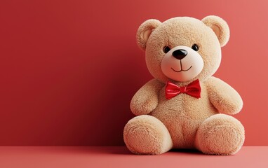 Cute teddy bear with a bowtie for Saint Valentines Day and 8 March Womans Day, on a warm red-to-white gradient background