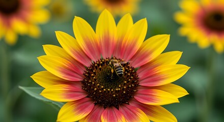 Obraz premium Bee on Red and Yellow Sunflower Closeup Nature Photo