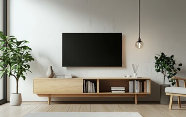 Contemporary living room with a light oak media console, sleek storage compartments, and decorative books, exuding modern simplicity