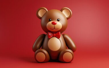 Fototapeta premium Cute teddy bear with a bowtie for Saint Valentines Day and 8 March Womans Day, on a warm red-to-white gradient background