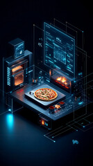 Fototapeta premium A futuristic kitchen scene featuring a digital pizza with glowing elements and an advanced oven, blending technology and culinary art.