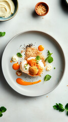 A beautifully plated dish featuring creamy textures, vibrant colors, and garnishes, creating an appealing culinary presentation.