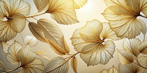 Fototapeta premium Hibiscus leaves with intricate veins and golden undertones are set against a soft light background in a wallpaper style, evoking a sense of tropical elegance , decorative, tropical