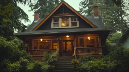 Fototapeta premium Cozy Craftsman home, twilight, garden, neighborhood, real estate