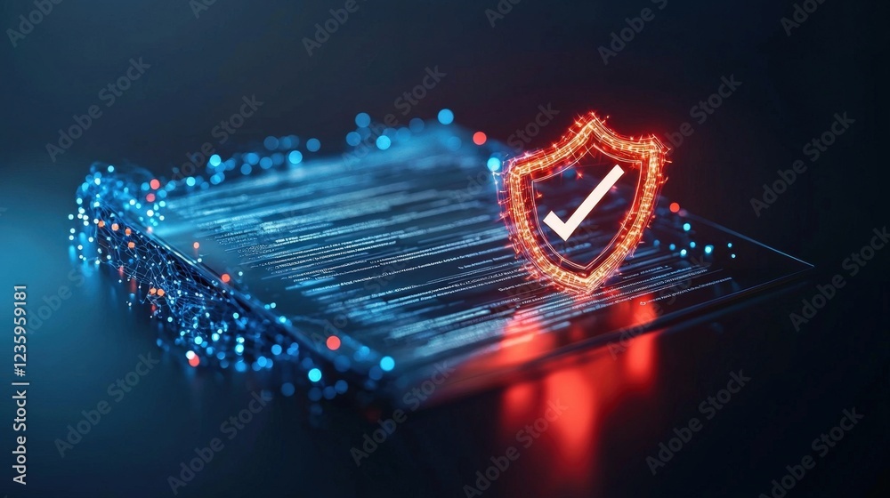 Poster document glowing with a shield and checkmarks symbolizing verification