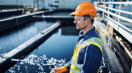 A wastewater treatment engineer optimizing the operation of activated carbon filtration systems in a municipal treatment plant, with filtration tanks and water treatment equipment visible