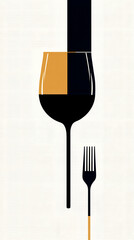 A minimalist illustration featuring a wine glass partially filled with orange liquid alongside a fork, emphasizing dining and beverage themes.