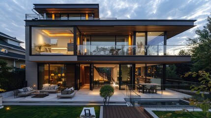 Obraz premium Elegant Modern Home with Stunning Night Lighting and Outdoor Living Spaces