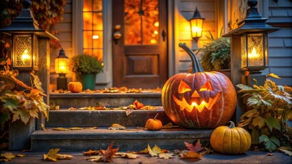 Obraz premium A spooky jack-o-lantern with a glowing face sits on a dark porch step at dusk in autumn, autumn pumpkin, spooky decorations