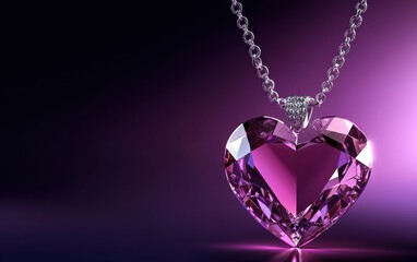 diamond heart pendant necklace for Saint Valentines Day and 8 March Womans Day, on a dark purple-to-silver gradient background
