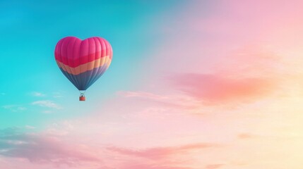 Fototapeta premium heart rainbow Heart shaped hot air balloon floating in a rainbow colored sky, whimsical and adventurous, representing romantic love and travel