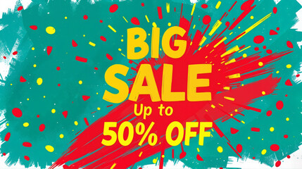 Vibrant big sale banner with up to fifty percent off on colorful background