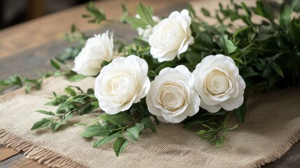 A delicate arrangement of white artificial roses, surrounded by greenery, resting on a rustic burlap table runner.