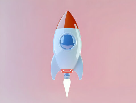 Diseño abstracto de cohete rojo en 3D que simboliza emprendimiento, ideas innovadoras y proyectos de startups ambiciosos