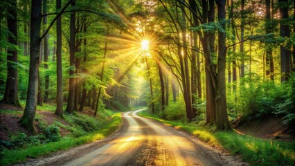 Obraz premium Golden Sunlight Illuminates a Winding Forest Path, Bathed in the Warm Glow of a Tranquil Summer Morning
