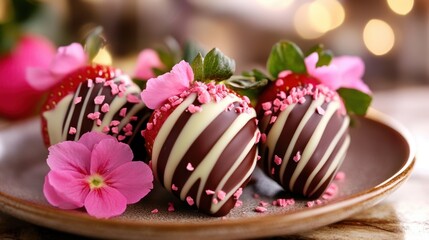 A delicious scene of Valentine chocolate strawberries dipped in dark and white chocolate, decorated with pink edible flowers, and set on a plate.