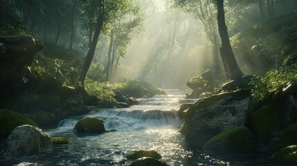 A serene forest scene with a gentle stream, illuminated by soft sunlight through trees.