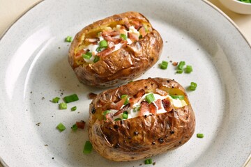 Stuffed jacket potatoeso with bacon, sour cream and green onion