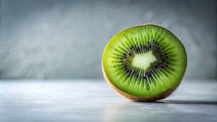 A single slice of kiwi fruit rests on a smooth, gray surface, showcasing the vibrant green flesh and intricate black seeds.