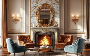 Elegant classic living room with a luxurious marble fireplace, golden accents, and an ornate mirror above the mantel, surrounded by plush velvet furniture, creating a sophisticated aesthetic