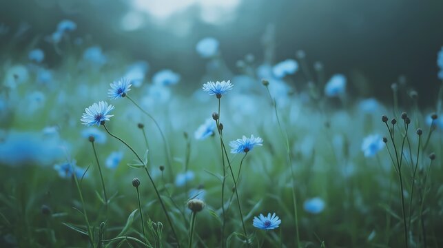 Ethereal Blue Wildflowers in a Misty Green Meadow
