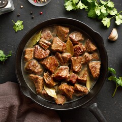 Braised beef in cast iron skillet