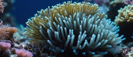 A macro view of a coral reef, highlighting the tiny details of coral polyps, shrimp, and other microscopic creatures living in the ecosystem