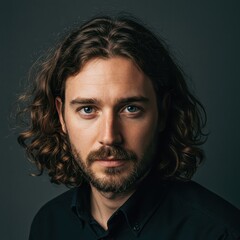 Fototapeta premium Portrait Photograph of a Serious Young Man with Curly Hair and Beard in a Studio, Ideal for Business Profile or Lifestyle Content