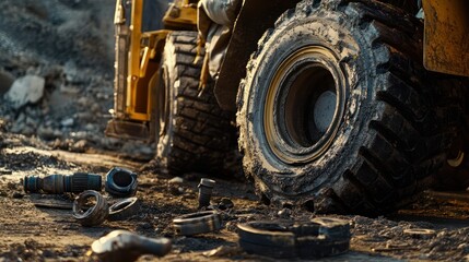 a heavy-duty truck tire being repaired on a construction site, with tools and metal parts scattered around, taken with a high-resolution camera with a telephoto lens, natural daylight lighting, Dari p