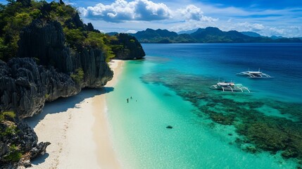 Fototapeta premium Breathtaking coastal scenery of pristine beach with turquoise water and boats