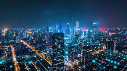 Fototapeta premium Illuminating the Night: A Futuristic Cityscape with Data Connectivity