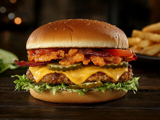 Tasty burger on black background
