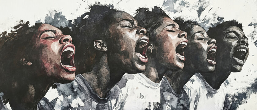 Young voices unite in passionate protest, expressing demands for change and justice in a vibrant watercolor depiction