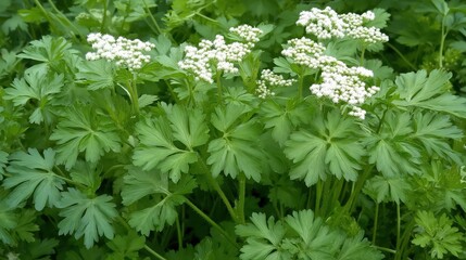 Lush Green Chervil Plants with Delicate White Flowers