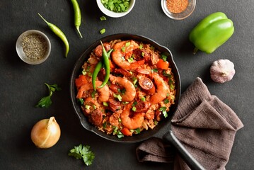 Creole style jambalaya with prawn, smoked sausages and vegetable