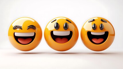 Three joyful emoji, 3D render, white background, digital art, possible use for social media, cartoons, or emojis