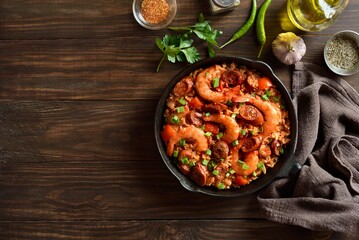 Creole style jambalaya with prawn, smoked sausages, chiken and v