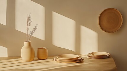 A Japandi dining setup with an earthy-toned ceramic vase and neutral-toned tableware.