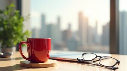 Mug Mockup with Coaster, Glossy red mug bamboo coaster city view office.