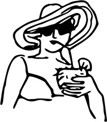 Sea, beach summer time travel. Vacation. Hand drawn vector isolated doodle woman drinking coconut cocktails 