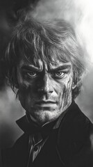 Obraz premium A striking black-and-white portrait features an intense gaze and rugged features, highlighted by swirling smoke, evoking feelings of intensity and mystery.