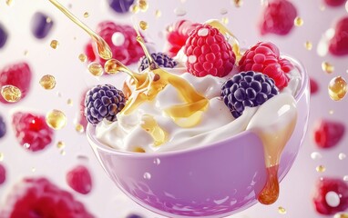 Floating Bowl of Fresh Berries with a Splash of Yogurt and Honey Drizzle on a Soft Pastel Violet Background
