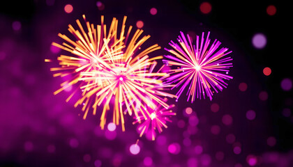 Fototapeta premium Vibrant fireworks display with pink and purple explosions on dark background - celebration and festivity concept