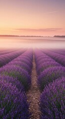 Fototapeta premium Sunrise over lavender fields with misty atmosphere and vibrant colors
